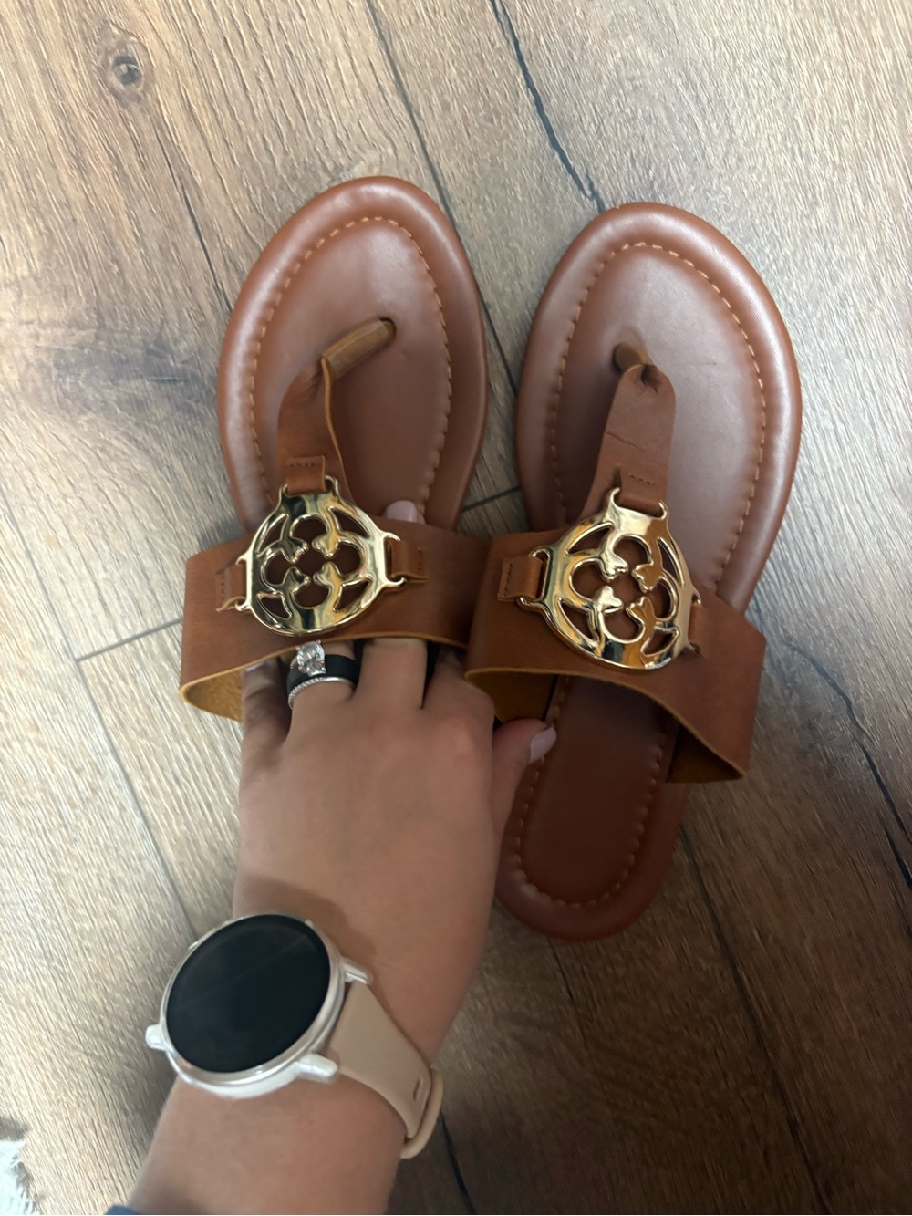 Brown Leather Slide Sandals with Gold Emblem